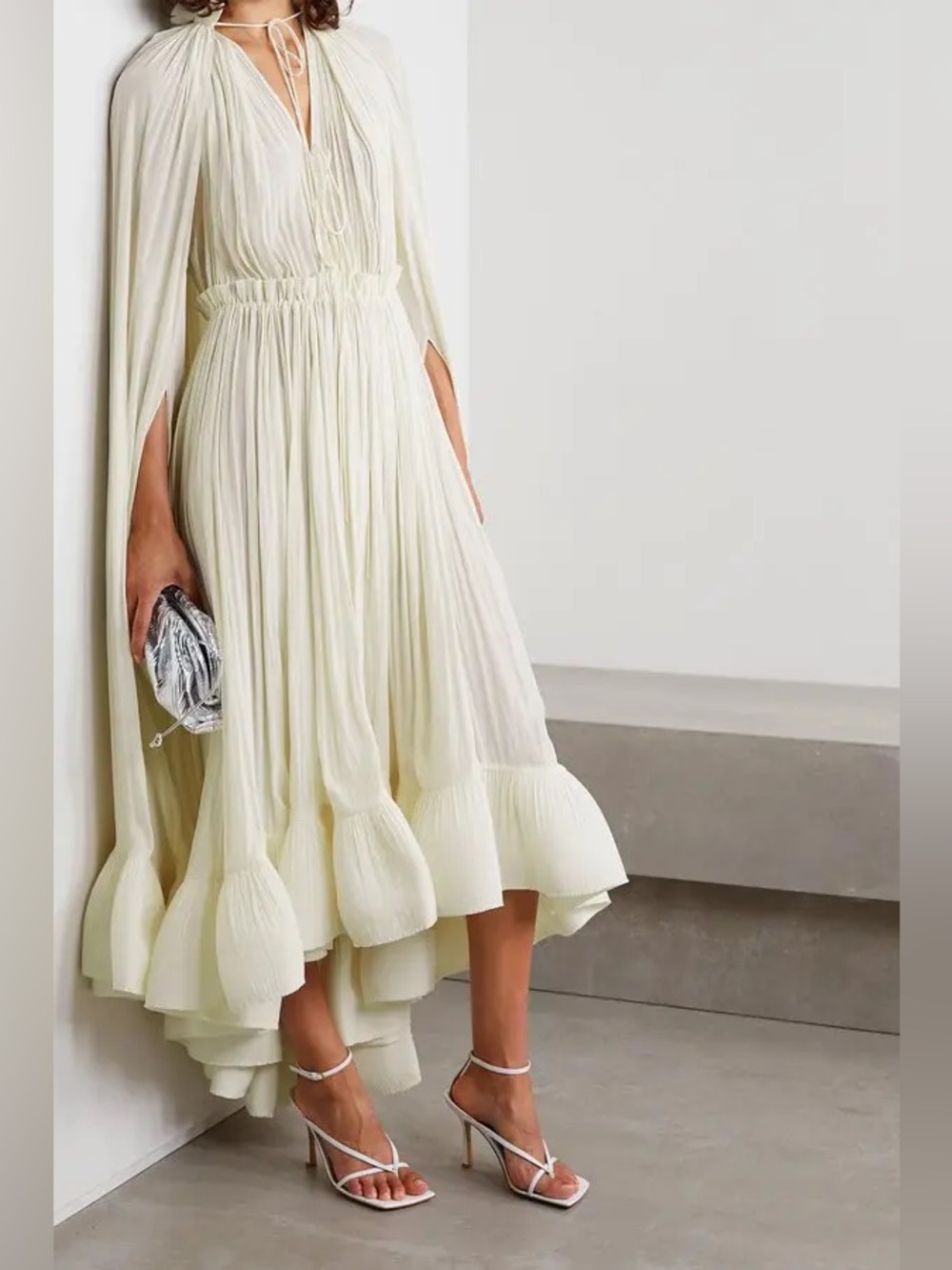 Ruffled midi dress with cape sleeves ivory NWOT - Picture 8 of 10